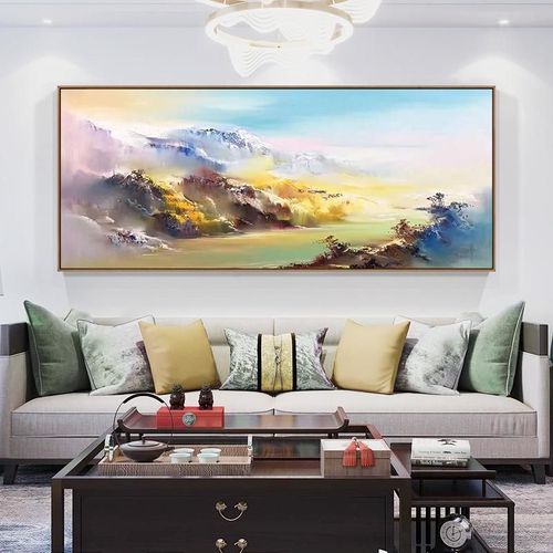 纯手绘油画现代简约客厅墙画壁画中式山水风景画卧室挂画旭日东升