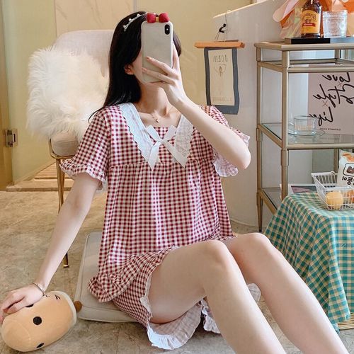 2204红色格子>少女宽松女人卡通女装女款夏 l>衣服凉快夏天胖mm