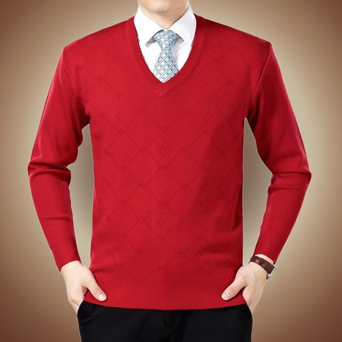 秋冬中老年男士羊毛衫v领套头毛衣中年爸爸鸡心领保暖加厚针织衫