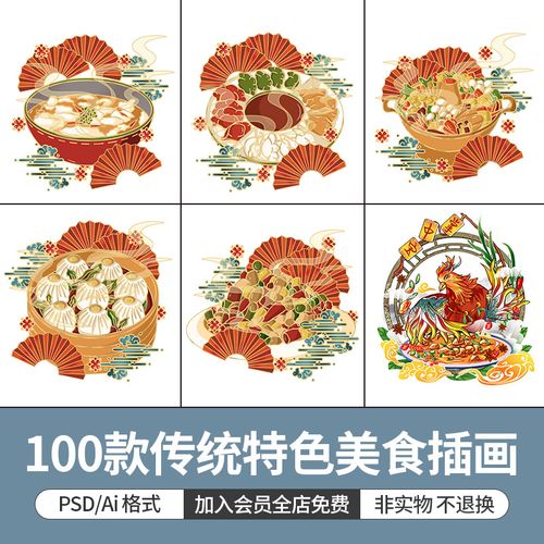 国潮风特色美食小吃火锅串串干锅手绘插画ps/ai矢量