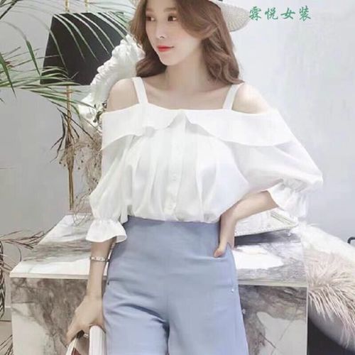 霖悦 吊带一字肩上衣女韩版仙气荷叶边中袖露肩衬衫雪纺衫女神范胖mm