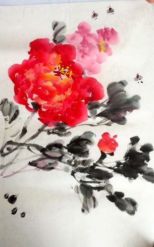 【墨香村】特价中堂国画纯手绘花鸟四尺三开牡丹富贵图md10417010