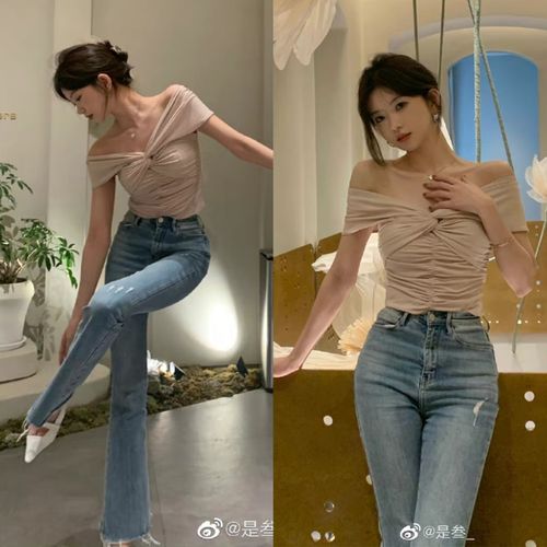 现货机智的恋爱吕珊同款一字肩法式上衣衬衫毛边破洞喇叭牛仔裤女