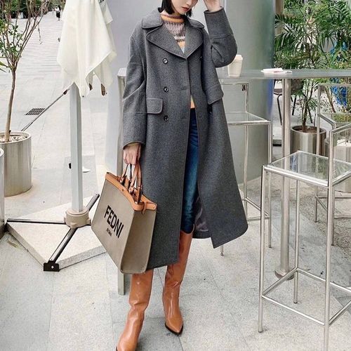 友阿玛施新款2021秋冬专柜正品女装双排扣中长款双面呢大衣外套女
