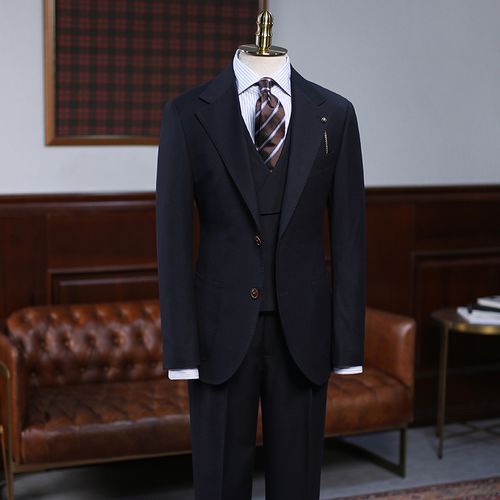 isirhonour意式四季黑色精纺羊毛男西服英伦绅士修身西装三件套装