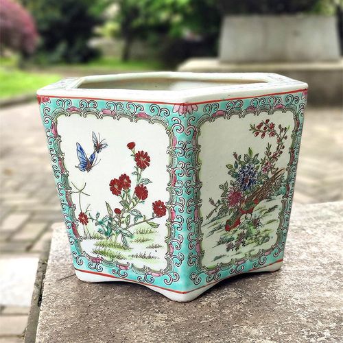 景德镇六方形高档复古宫廷手绘陶瓷花盆人物花鸟室内装饰植物摆件