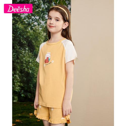 笛莎童装女童家居服2022夏新款中大童儿童睡衣套装纯棉薄款空调服