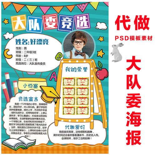 大队委竞选海报模板班级校园自我介绍宣传展板psd电子素材代做