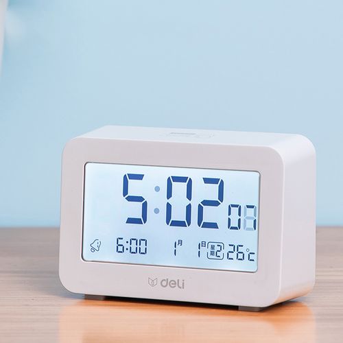 得力多功能电子钟闹钟带湿度可背光学生宿舍时钟闹铃客厅床头