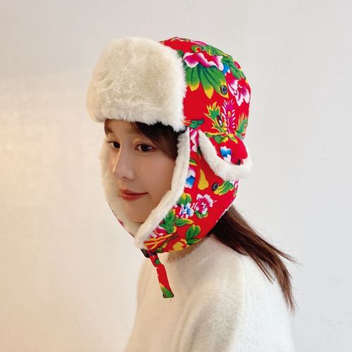 复古雷锋帽女保暖护耳东北大花布棉帽子滑雪男防寒民族风骑车冬季