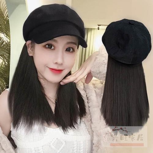 带头发的贝雷帽假发戴帽子一体春秋网红潮流长发连帽