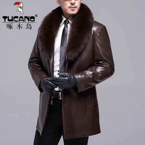 啄木鸟真皮皮衣男士新款皮毛一体冬季中年绵羊皮狐狸毛领皮草外套