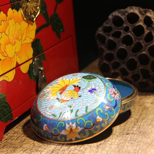 北京收藏正品铜胎掐丝珐琅景泰蓝粉盒摆件景泰蓝首饰盒特色工艺品