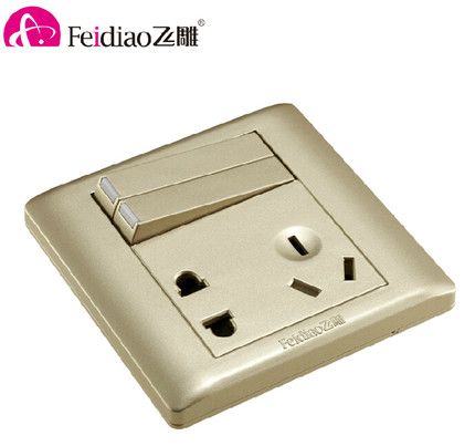 飞雕开关插座正品飞雕开关插座面板电源插座a3香槟金二开单带五孔