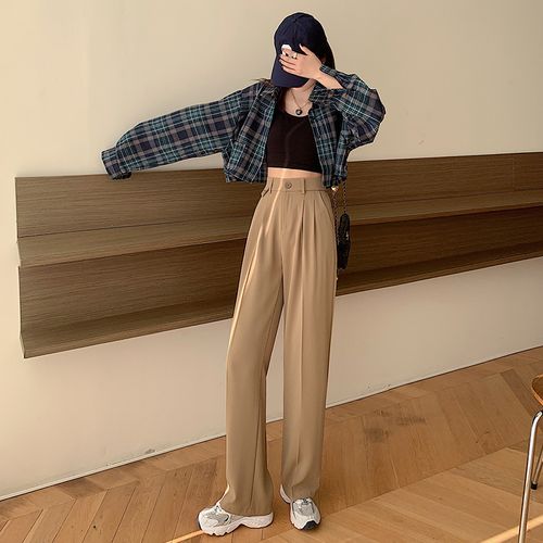 梨形身材女裤子夏天卡其色阔腿裤女春夏2022年高腰宽松直筒休闲工装