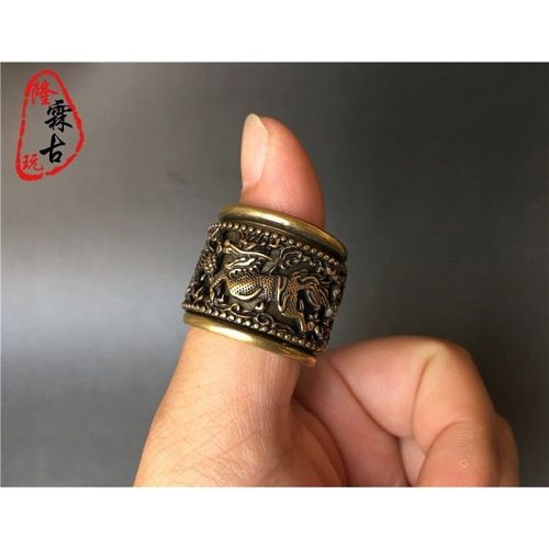 【清代真品】古玩铜器古董收藏保真老铜麒麟瑞兽戒指指环可转动扳