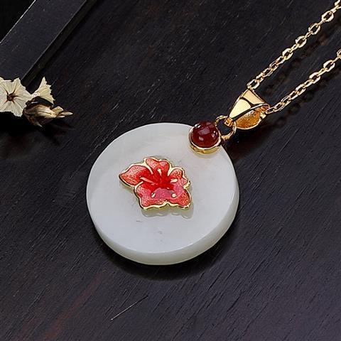 天然和田玉平安扣吊坠银镀金荷花莲花怀古玉石挂坠女白玉吊坠套链