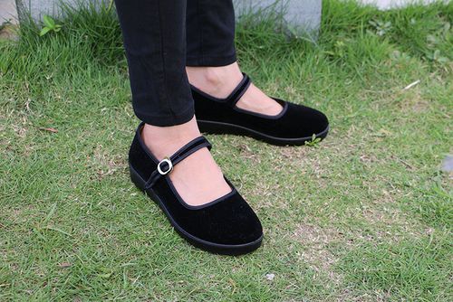 欣清老北京布鞋女鞋一字带扣平跟软底工作黑色上班鞋休闲浅口圆头