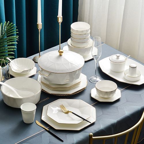 56头骨瓷餐具套装碗盘组合轻奢北欧金边餐具10人成套餐具碗碟套装