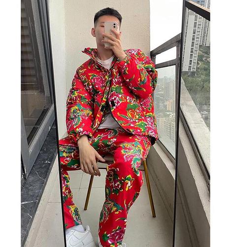 日系东北大花袄花裤大码宽松套装冬季网红东北大花棉袄休闲棉衣服