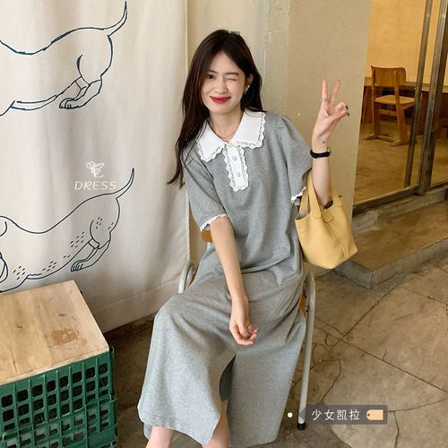 少女凯拉~娃娃领开叉针织t恤连衣裙女装夏季新款泡泡袖中长款裙子【15