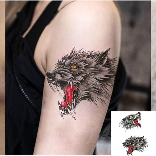 割线狼头纹身贴全狼刺青防水男女 狼图腾纹身贴胸前贴纸个性仿真