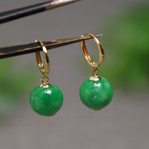 一对18k金镶嵌满绿天然翡翠珠子耳坠 耳圈耳扣款翡翠