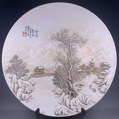 古董瓷器 民国珠山八友何许人粉彩手绘雪景图纹赏盘摆件全品收藏