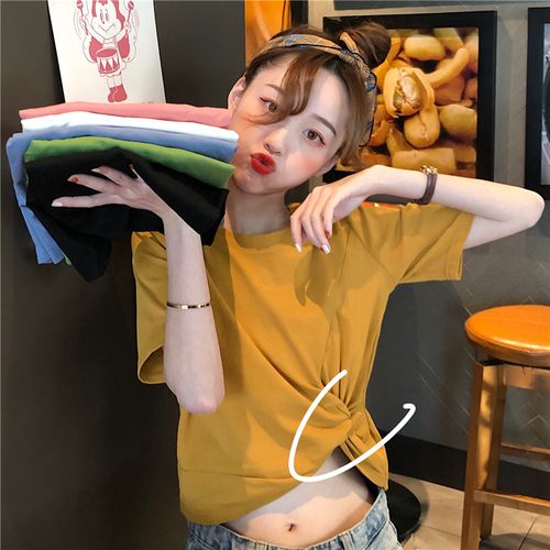 夏装网红ins潮纯色短款修身t恤女短袖港风简约mschf上衣韩版百搭
