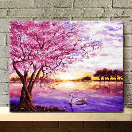 湖畔樱花数字油画diy诗意美景风景画花卉手工艺术填充丙烯油彩画