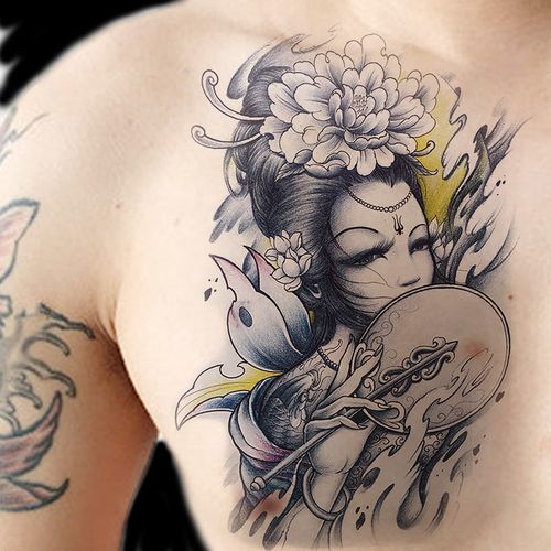 满背纹身贴般诺美女艺妓后背牡丹花 大图男女防水持久仿真 刺青