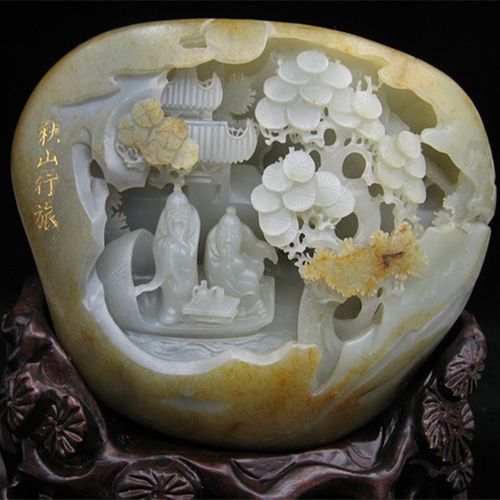 扬州玉雕山子雕玉器摆件新疆和田玉独籽料特色白玉秋山行旅图神绚