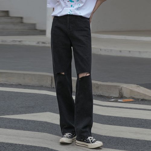 小个子黑色破洞牛仔裤女高腰夏季宽松直筒阔腿甜辣裤子高街ins潮