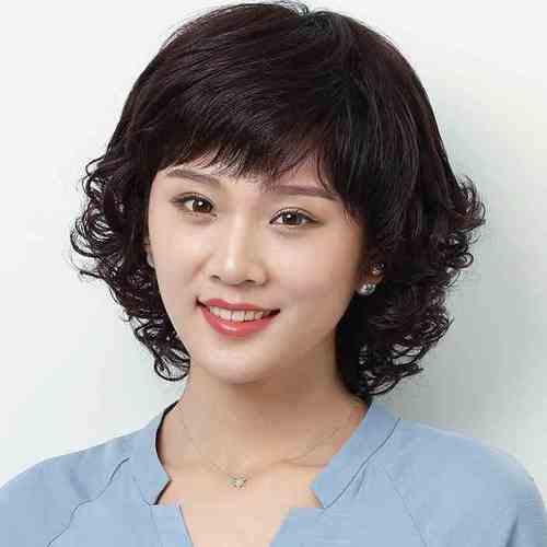 中年假发女短发妈妈真发自然时尚短卷发发型中长发蓬松修脸全头套