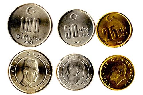 土耳其 3 枚硬币套装,自 2001 年 unc 25-100 bin lira.