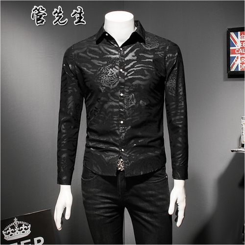 衬衫男长袖霸气老虎头图案潮流免烫衬衣2021年新款青年帅气春秋装衣服
