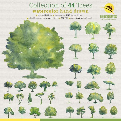 各种形状绿色树木水彩墨油画风格模型模板png免抠高清