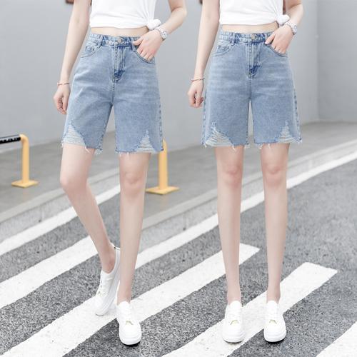牛仔五分裤女2020夏季韩版宽松高腰破洞显瘦直筒毛边短裤中裤潮