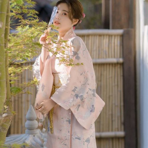 和服女装传统复古粉色改良风日式神明少女写外景拍照 粉鹤和服白色