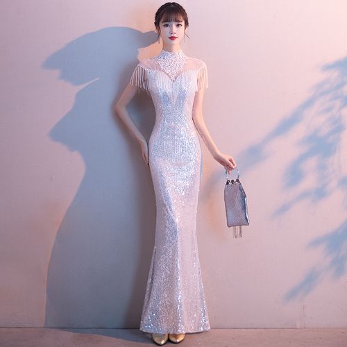 白色晚礼服裙女夏宴会气质主持人长款鱼尾名媛高端大合唱团演出服