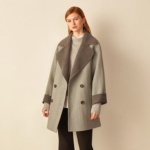 西嘉 简约大翻领人字纹双色短款羊毛双面呢大衣女