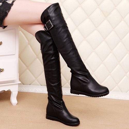 拉链春秋靴子女高筒靴冬加绒过膝长靴显瘦内增高女鞋大码平底长筒