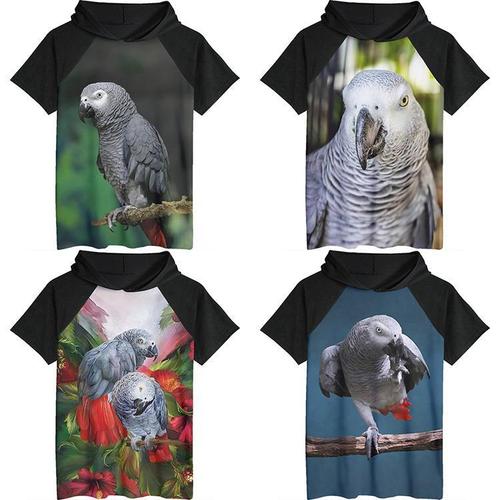 非洲灰鹦鹉鸟动物图案男女短袖t恤夏季衣服装潮小众休闲连帽插肩