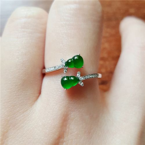 汉桑原创翡翠戒指女天然冰种起荧光葫芦镶嵌18k金戒指双葫芦戒指