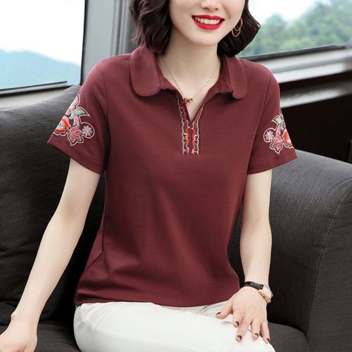 纯棉短袖t恤女 宽松polo衫妈妈夏装2021新款中老年有