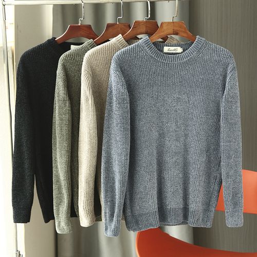 加厚雪尼尔面料 外贸工厂男装 冬季圆领套头百搭休闲毛衣针织衫男