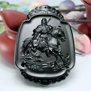 正品新疆和田玉墨玉关公牌子墨玉籽料玉牌骑马关公武财神