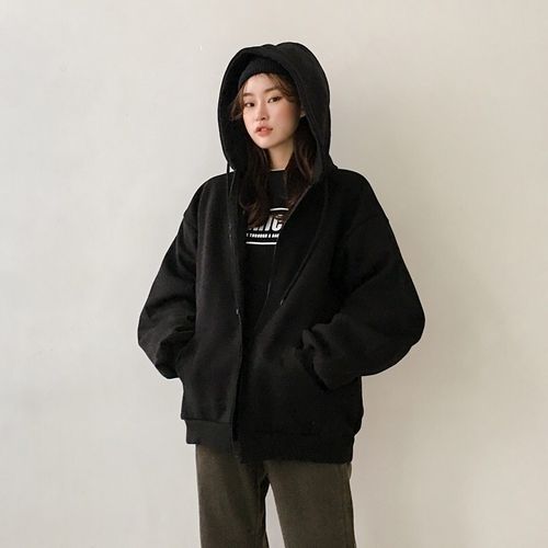 女秋冬兜帽衫外套女生秋装带帽上衣服女士为衣 纯色开衫卫衣(黑色) s