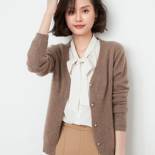 2021秋季新款100%羊绒针织开衫女百搭羊绒衫v领长袖开衫外套上衣