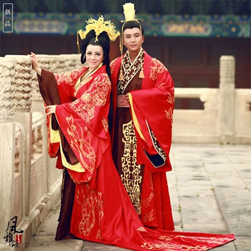 2015新款中式婚礼华丽红色绣花拖尾汉服婚服喜服男女情侣古装喜服